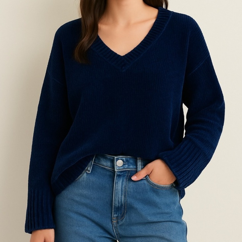 Zara Oversized Pullover Sweater LARGE Navy Blue Knit Velvet V Neck‎ Casual Comfy